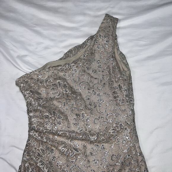 Calvin Klein Formal Dress Size 4 Champagne Lace One Shoulder Side Ruching Prom - Picture 9 of 14